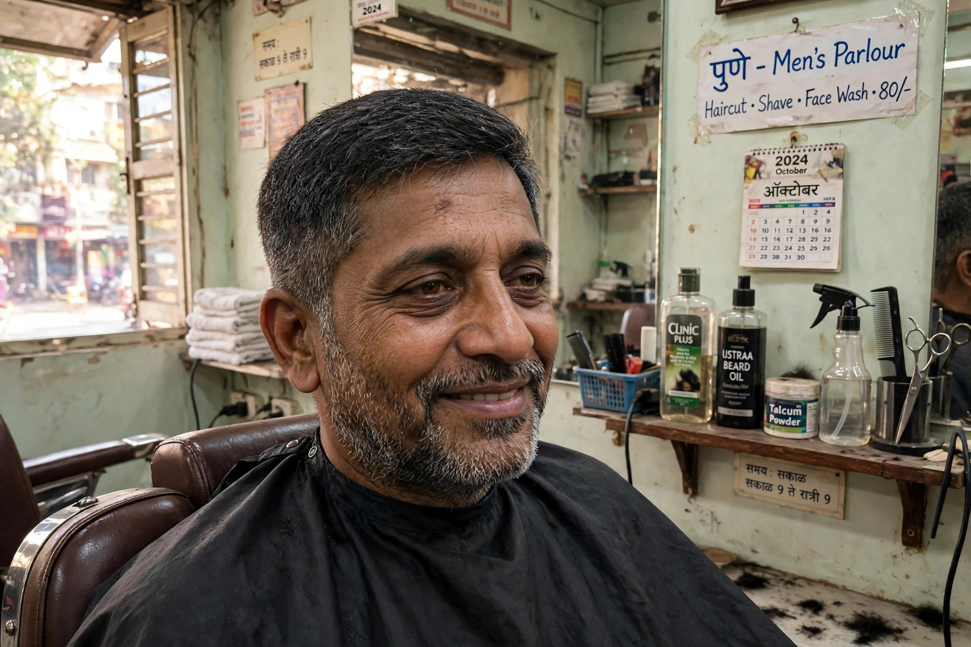 Same middle-aged man with a neat haircut and trimmed beard looking fresh after haircut