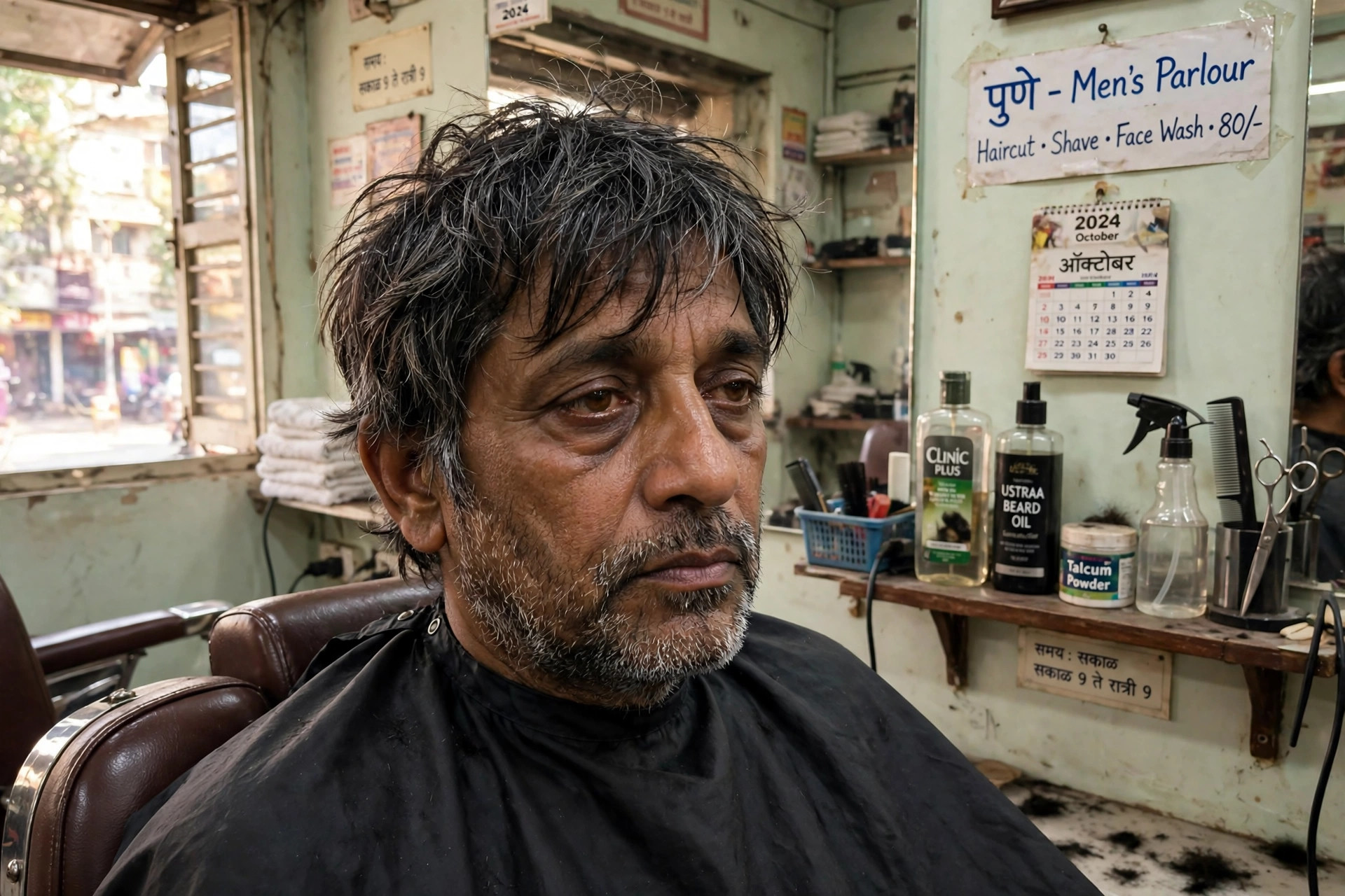 Middle-aged man with grey-flecked messy hair and tired eyes before haircut